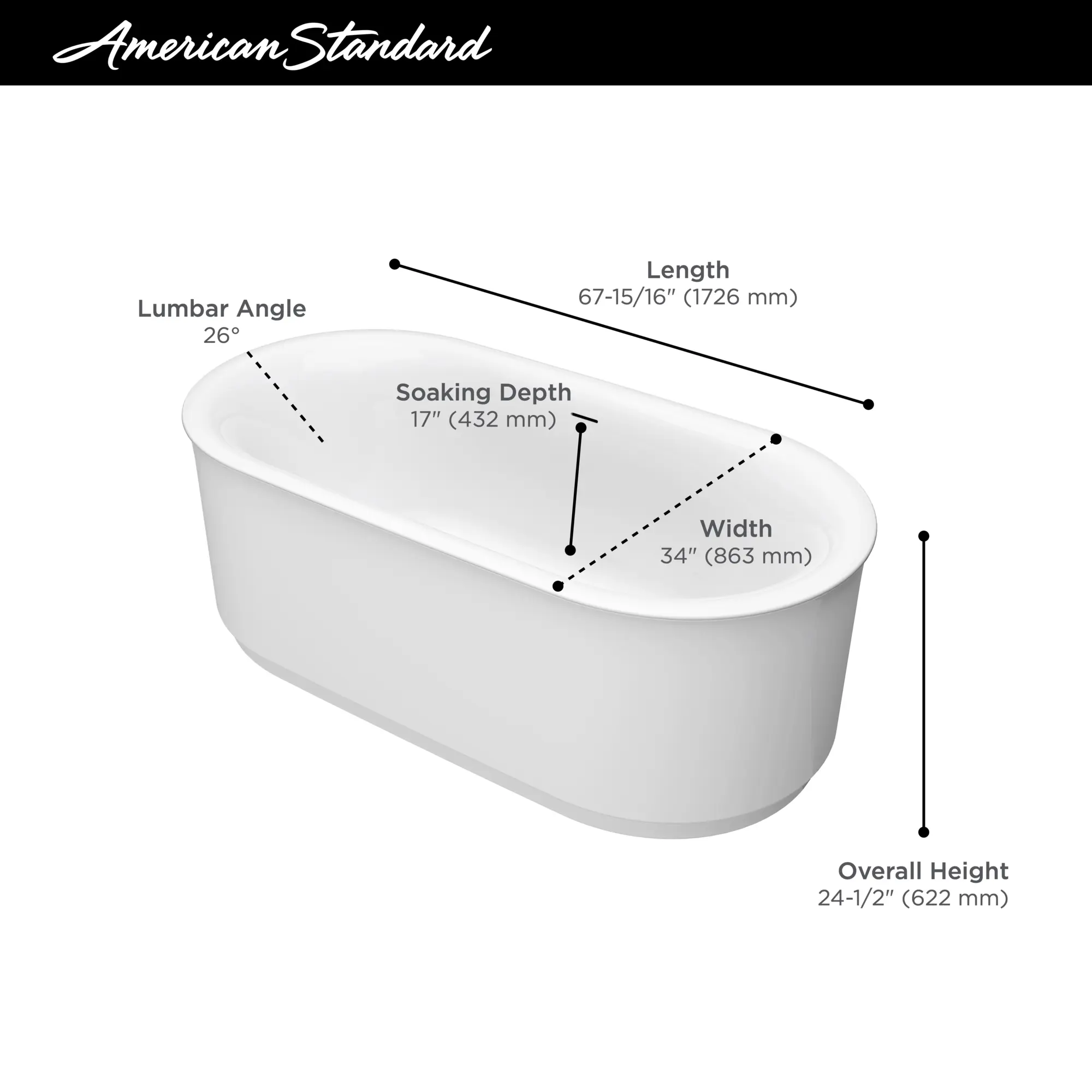 Studio® S 68 x 34-Inch Freestanding Bathtub Center Drain With Integrated Overflow